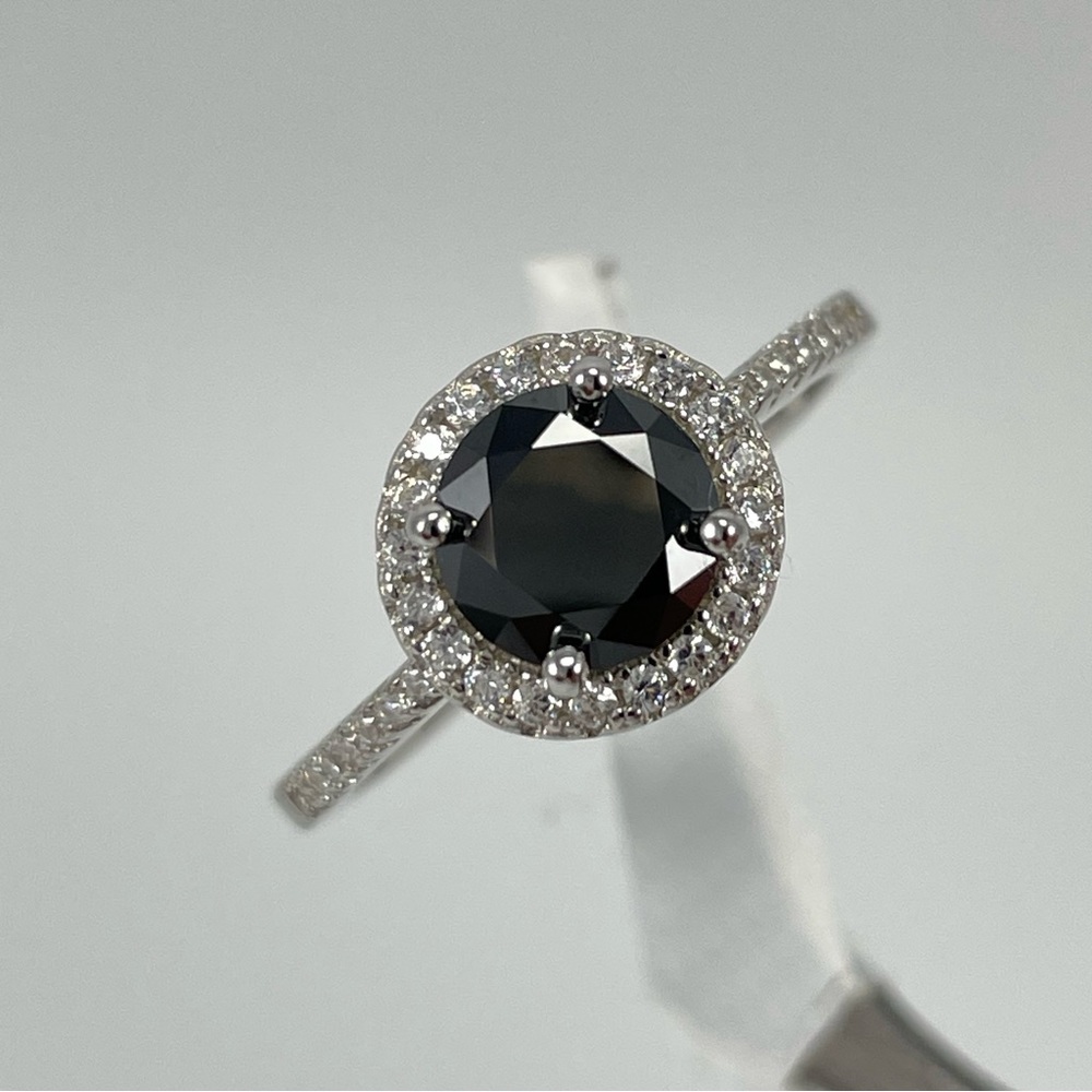 Black Onyx 1ct Moissanite Halo Solid Silver‎ Engagement Ring Sz 6